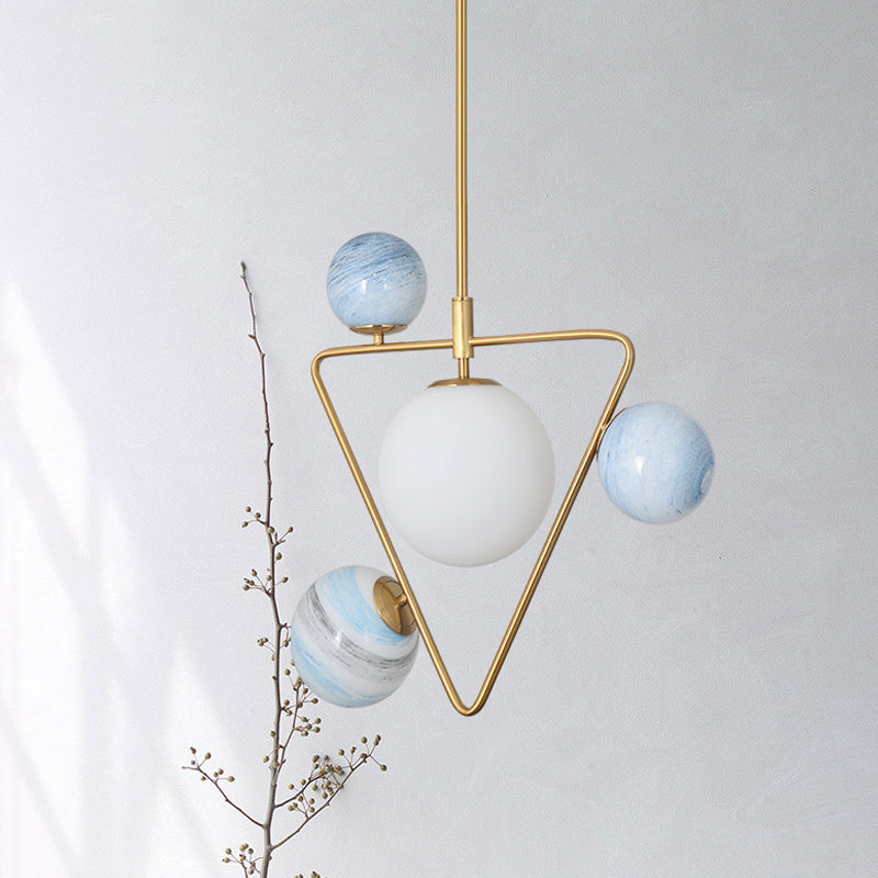 4-Head Loft House Chandelier Mid Century Gold Pendant Lamp with Triangle Iron Frame and Orb Colored Glass Shade Gold Clearhalo 'Ceiling Lights' 'Chandeliers' 'Modern Chandeliers' 'Modern' Lighting' 1455198