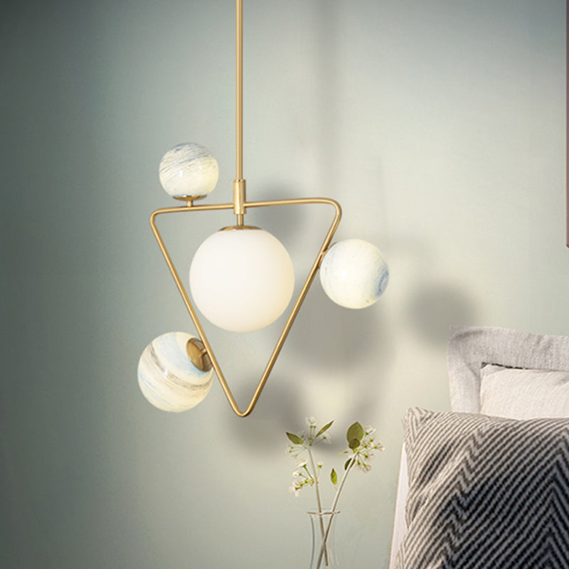 4-Head Loft House Chandelier Mid Century Gold Pendant Lamp with Triangle Iron Frame and Orb Colored Glass Shade Clearhalo 'Ceiling Lights' 'Chandeliers' 'Modern Chandeliers' 'Modern' Lighting' 1455199