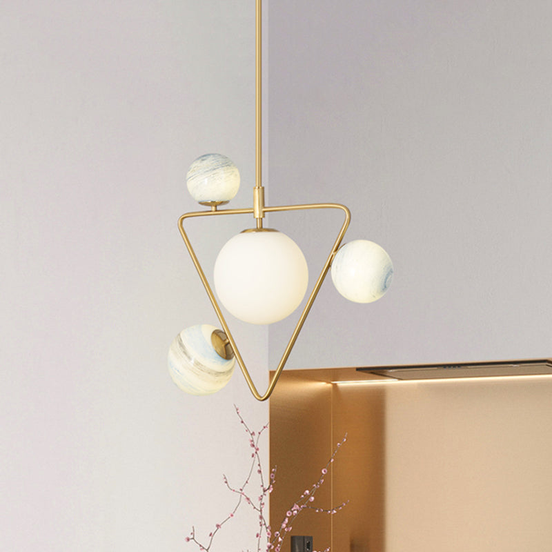 4-Head Loft House Chandelier Mid Century Gold Pendant Lamp with Triangle Iron Frame and Orb Colored Glass Shade Clearhalo 'Ceiling Lights' 'Chandeliers' 'Modern Chandeliers' 'Modern' Lighting' 1455200