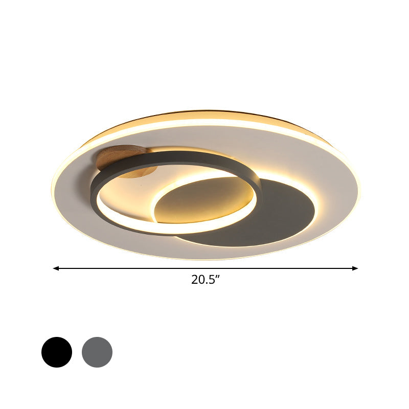 Minimal Intersected Circle Ceiling Light Iron Bedroom 16.5"/20.5" Wide LED Flushmount Lighting in Black/Grey, Warm/White Light Clearhalo 'Ceiling Lights' 'Close To Ceiling Lights' 'Close to ceiling' 'Flush mount' Lighting' 1455346