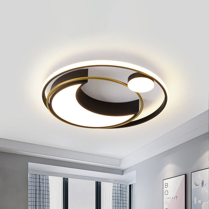 Black/Gold Waxing Moon Flush Mount Light Modern Acrylic 16"/19.5" Dia LED Ceiling Lighting with Orbital Side Design, Warm/White Light Black Clearhalo 'Ceiling Lights' 'Close To Ceiling Lights' 'Close to ceiling' 'Flush mount' Lighting' 1455404