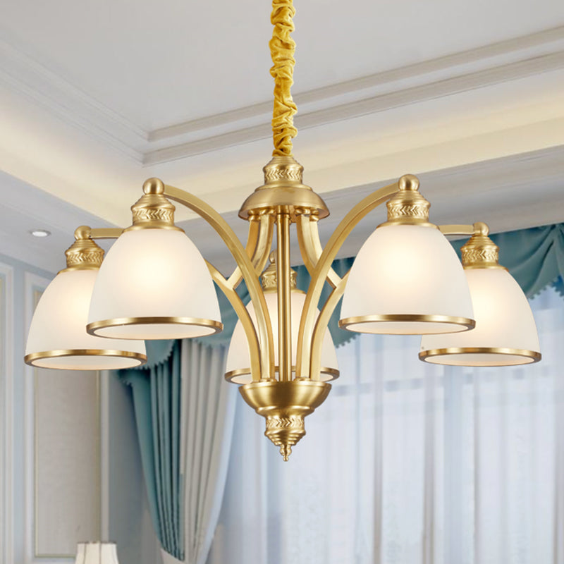 Bowl Ivory Glass Chandelier Lamp Colonial 3/5/8 Bulbs Living Room Down Lighting Pendant in Gold 5 Gold Clearhalo 'Ceiling Lights' 'Chandeliers' Lighting' options 1455603_8dd26fee-5f23-4b23-89d0-949eba0f6c3b