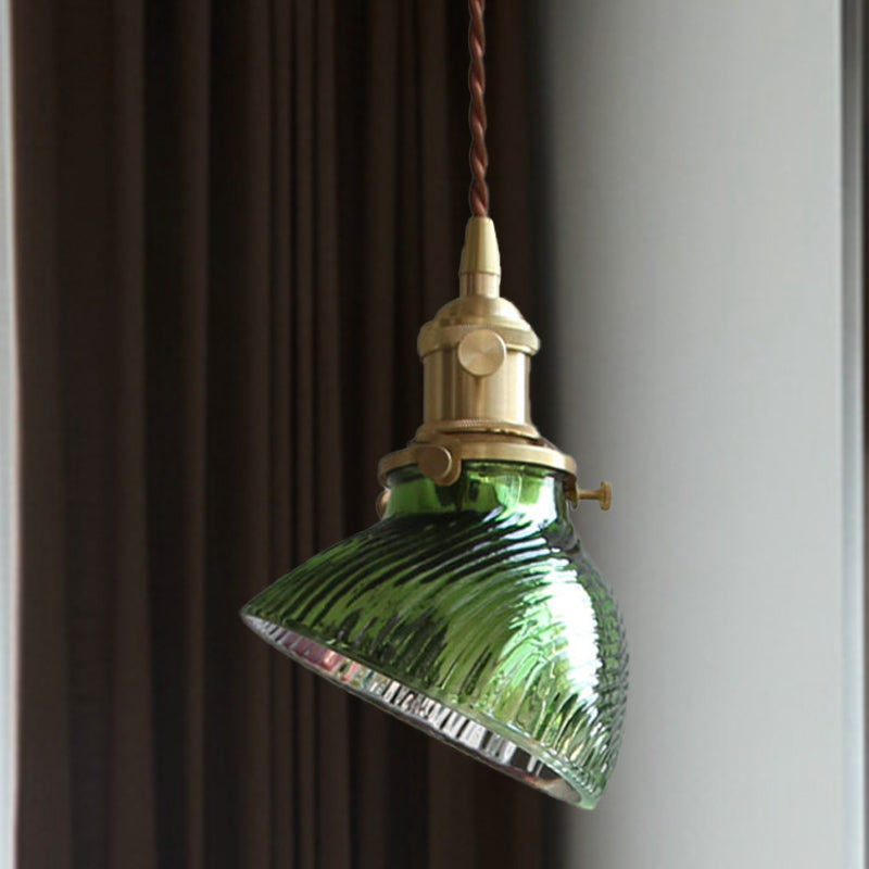 Twisted Bowl Restaurant Hanging Lamp Colonial Clear/Green Prismatic Glass 1-Light Brass Pendant Light Green Clearhalo 'Ceiling Lights' 'Glass shade' 'Glass' 'Pendant Lights' 'Pendants' Lighting' 1455764