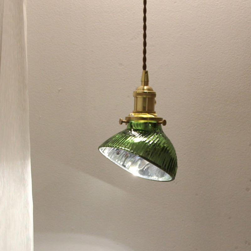 Twisted Bowl Restaurant Hanging Lamp Colonial Clear/Green Prismatic Glass 1-Light Brass Pendant Light Clearhalo 'Ceiling Lights' 'Glass shade' 'Glass' 'Pendant Lights' 'Pendants' Lighting' 1455765