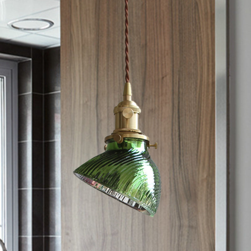 Twisted Bowl Restaurant Hanging Lamp Colonial Clear/Green Prismatic Glass 1-Light Brass Pendant Light Clearhalo 'Ceiling Lights' 'Glass shade' 'Glass' 'Pendant Lights' 'Pendants' Lighting' 1455766
