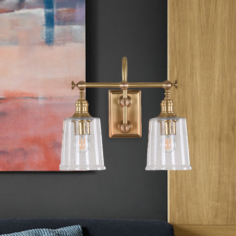 White/Clear Glass Bucket Vanity Lamp Colonial 2 Heads Bathroom Wall Sconce Lighting Fixture in Gold for Bathroom Clearhalo 'Vanity Lights' 'Wall Lights' Lighting' 1456274