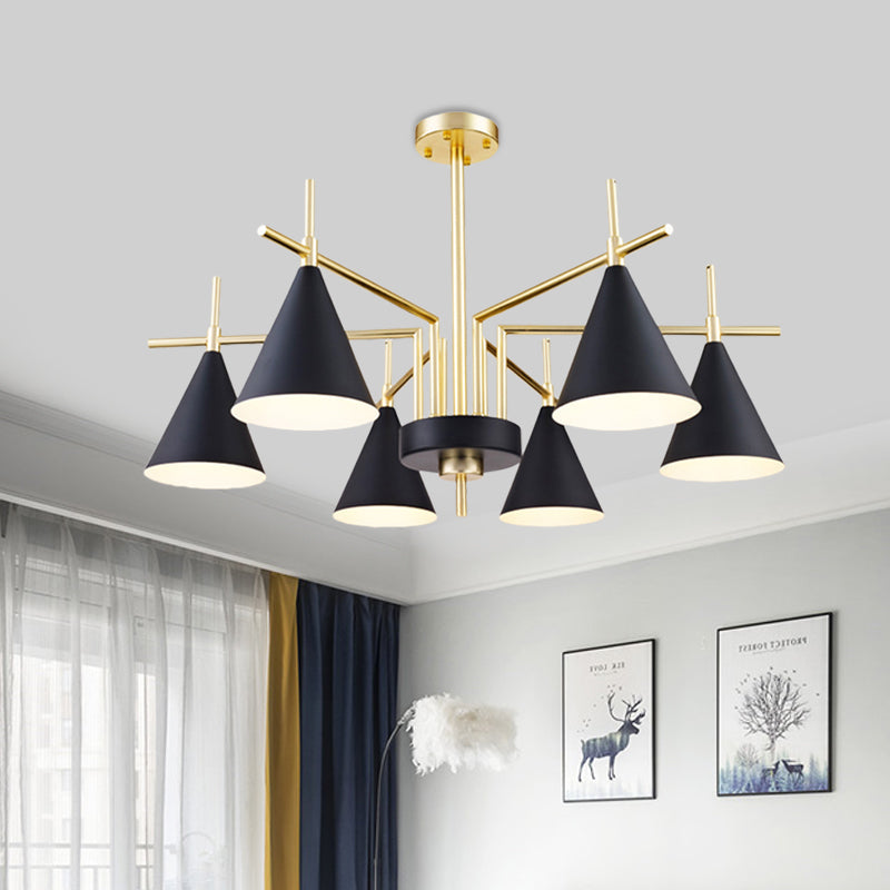 Mid Century Conic Iron Semi Flush 6-Light Flush Mount Ceiling Chandelier in Black-Gold with Radial Design for Bedroom Clearhalo 'Ceiling Lights' 'Close To Ceiling Lights' 'Close to ceiling' 'Semi-flushmount' Lighting' 1456621