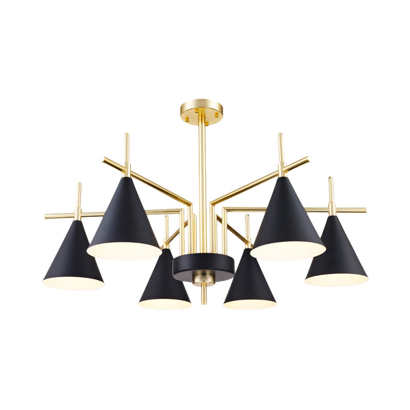 Mid Century Conic Iron Semi Flush 6-Light Flush Mount Ceiling Chandelier in Black-Gold with Radial Design for Bedroom Clearhalo 'Ceiling Lights' 'Close To Ceiling Lights' 'Close to ceiling' 'Semi-flushmount' Lighting' 1456623
