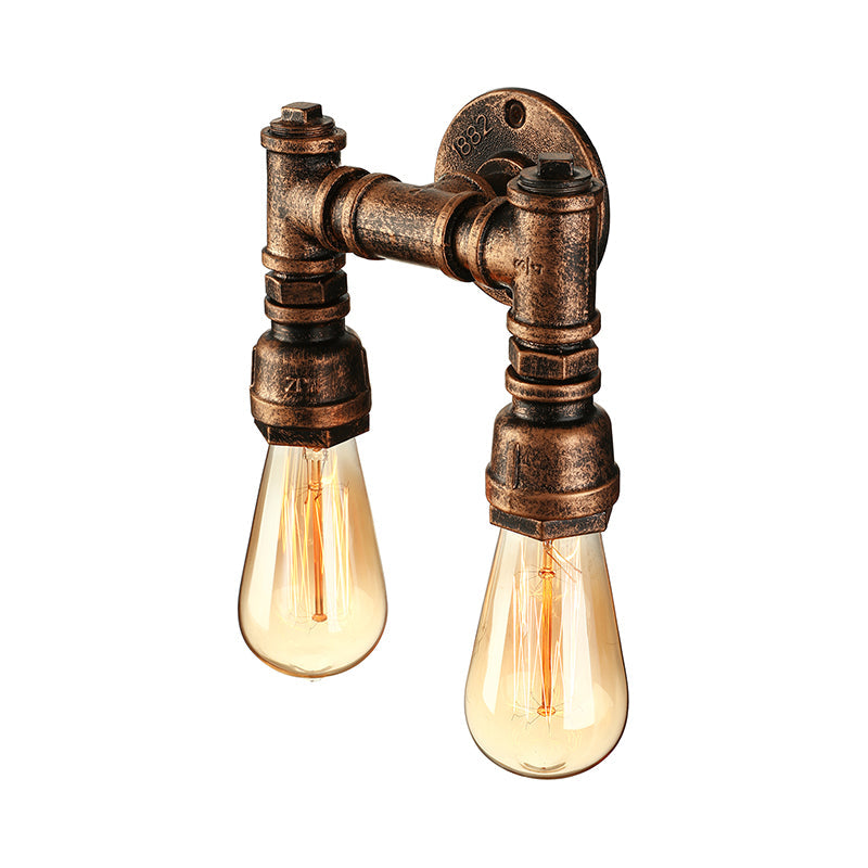 Industrial Bare Bulb Wall Sconce Lighting with Water Pipe 2 Lights Metallic Wall Mounted Lamp in Black/Antique Brass Clearhalo 'Art deco wall lights' 'Cast Iron' 'Glass' 'Industrial wall lights' 'Industrial' 'Middle century wall lights' 'Modern' 'Rustic wall lights' 'Tiffany' 'Traditional wall lights' 'Wall Lamps & Sconces' 'Wall Lights' Lighting' 145673