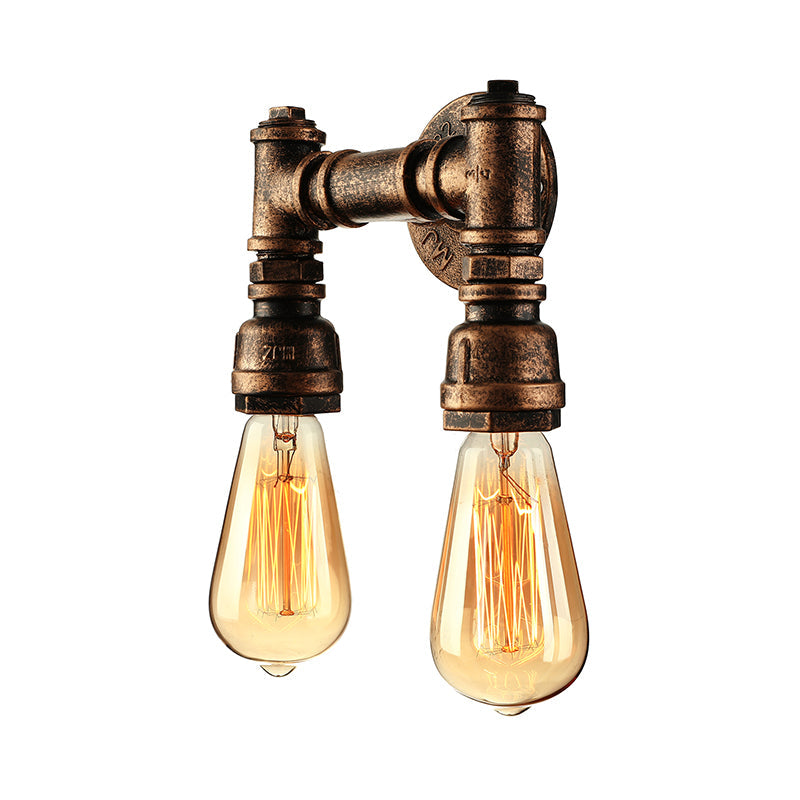 Industrial Bare Bulb Wall Sconce Lighting with Water Pipe 2 Lights Metallic Wall Mounted Lamp in Black/Antique Brass Clearhalo 'Art deco wall lights' 'Cast Iron' 'Glass' 'Industrial wall lights' 'Industrial' 'Middle century wall lights' 'Modern' 'Rustic wall lights' 'Tiffany' 'Traditional wall lights' 'Wall Lamps & Sconces' 'Wall Lights' Lighting' 145674