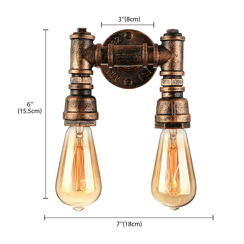 Industrial Bare Bulb Wall Sconce Lighting with Water Pipe 2 Lights Metallic Wall Mounted Lamp in Black/Antique Brass Clearhalo 'Art deco wall lights' 'Cast Iron' 'Glass' 'Industrial wall lights' 'Industrial' 'Middle century wall lights' 'Modern' 'Rustic wall lights' 'Tiffany' 'Traditional wall lights' 'Wall Lamps & Sconces' 'Wall Lights' Lighting' 145675