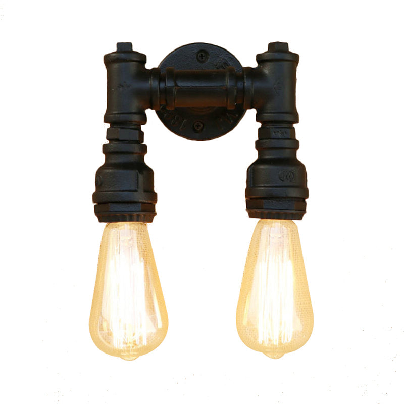 Industrial Bare Bulb Wall Sconce Lighting with Water Pipe 2 Lights Metallic Wall Mounted Lamp in Black/Antique Brass Clearhalo 'Art deco wall lights' 'Cast Iron' 'Glass' 'Industrial wall lights' 'Industrial' 'Middle century wall lights' 'Modern' 'Rustic wall lights' 'Tiffany' 'Traditional wall lights' 'Wall Lamps & Sconces' 'Wall Lights' Lighting' 145679
