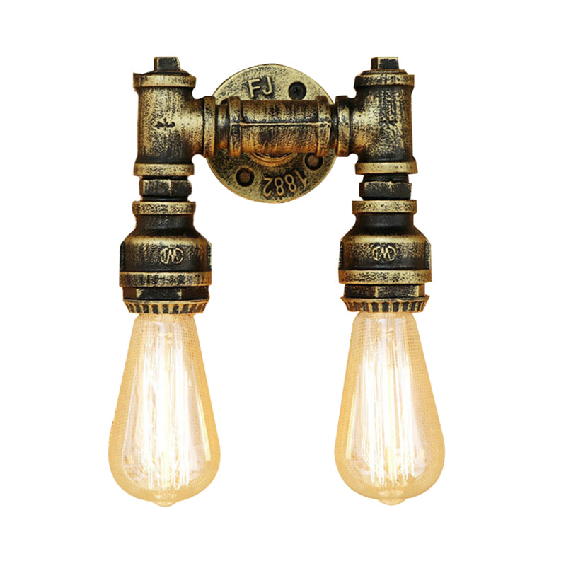 Industrial Bare Bulb Wall Sconce Lighting with Water Pipe 2 Lights Metallic Wall Mounted Lamp in Black/Antique Brass Clearhalo 'Art deco wall lights' 'Cast Iron' 'Glass' 'Industrial wall lights' 'Industrial' 'Middle century wall lights' 'Modern' 'Rustic wall lights' 'Tiffany' 'Traditional wall lights' 'Wall Lamps & Sconces' 'Wall Lights' Lighting' 145683