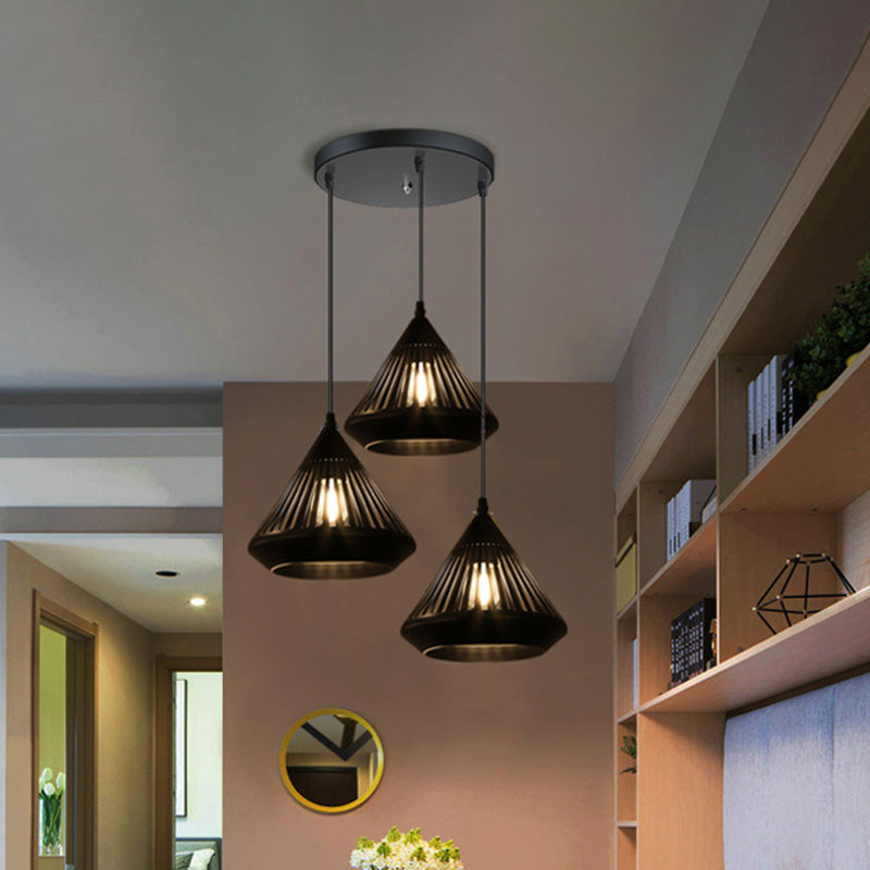 3-Head Multi Hanging Light Retro Hollowed Out Diamond Iron Ceiling Pendant Light with Round/Linear Canopy in Black Clearhalo 'Art Deco Pendants' 'Black' 'Cast Iron' 'Ceiling Lights' 'Ceramic' 'Crystal' 'Industrial Pendants' 'Industrial' 'Metal' 'Middle Century Pendants' 'Pendant Lights' 'Pendants' 'Rustic Pendants' 'Tiffany' Lighting' 1457038