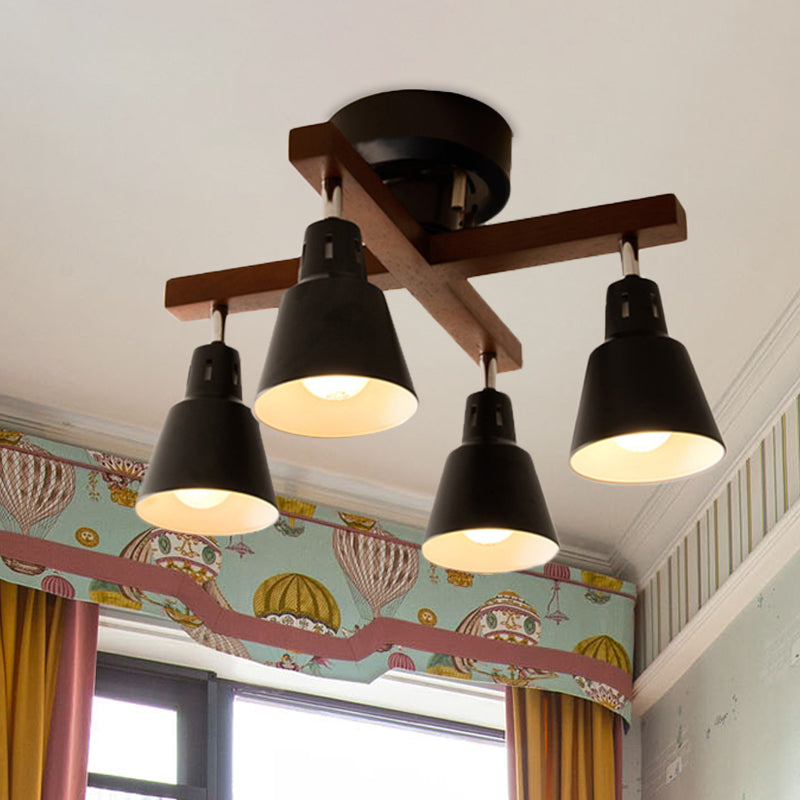 Lodge Tapered Rotatable Ceiling Fixture 4-Light Iron Semi Flush Mount Lighting in Black/White with Cross Wood Arm Black Clearhalo 'Ceiling Lights' 'Close To Ceiling Lights' 'Close to ceiling' 'Semi-flushmount' Lighting' 1457051