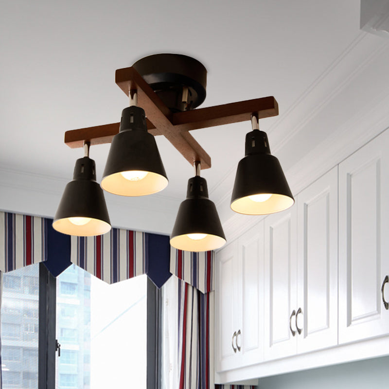 Lodge Tapered Rotatable Ceiling Fixture 4-Light Iron Semi Flush Mount Lighting in Black/White with Cross Wood Arm Clearhalo 'Ceiling Lights' 'Close To Ceiling Lights' 'Close to ceiling' 'Semi-flushmount' Lighting' 1457052
