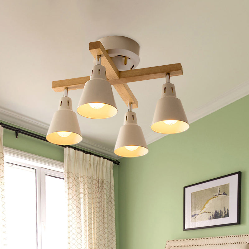 Lodge Tapered Rotatable Ceiling Fixture 4-Light Iron Semi Flush Mount Lighting in Black/White with Cross Wood Arm Clearhalo 'Ceiling Lights' 'Close To Ceiling Lights' 'Close to ceiling' 'Semi-flushmount' Lighting' 1457057
