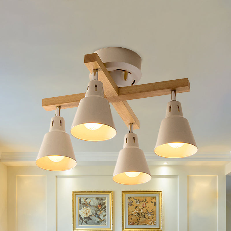 Lodge Tapered Rotatable Ceiling Fixture 4-Light Iron Semi Flush Mount Lighting in Black/White with Cross Wood Arm Clearhalo 'Ceiling Lights' 'Close To Ceiling Lights' 'Close to ceiling' 'Semi-flushmount' Lighting' 1457058
