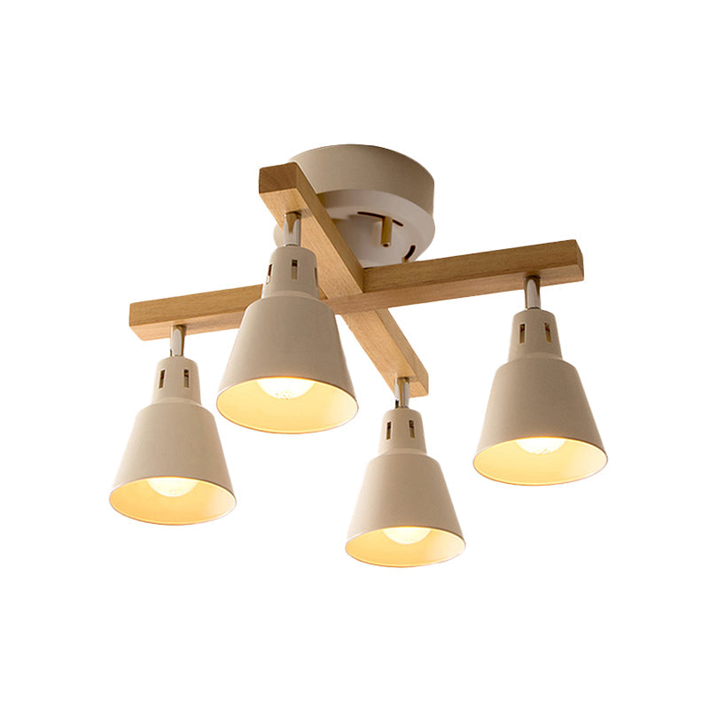 Lodge Tapered Rotatable Ceiling Fixture 4-Light Iron Semi Flush Mount Lighting in Black/White with Cross Wood Arm Clearhalo 'Ceiling Lights' 'Close To Ceiling Lights' 'Close to ceiling' 'Semi-flushmount' Lighting' 1457059