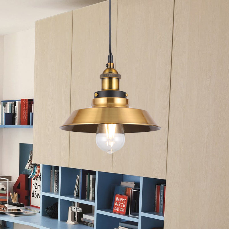 Antique Gold 1-Light Pendant Lighting Retro Iron Lid/Flat/Hammered Cone Hanging Light Fixture over Dining Table Clearhalo 'Art Deco Pendants' 'Cast Iron' 'Ceiling Lights' 'Ceramic' 'Crystal' 'Industrial Pendants' 'Industrial' 'Metal' 'Middle Century Pendants' 'Pendant Lights' 'Pendants' 'Tiffany' Lighting' 1457108