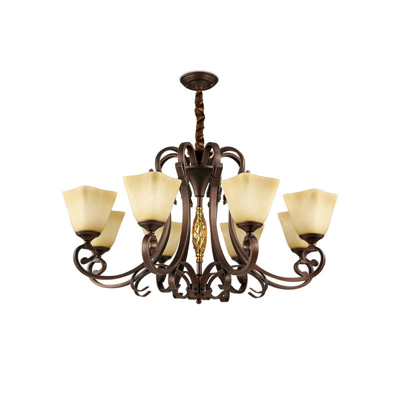 Pyramid Living Room Chandelier Lighting Antique Beige Glass 6/8 Heads Brown Suspension Light Clearhalo 'Ceiling Lights' 'Chandeliers' Lighting' options 1457163