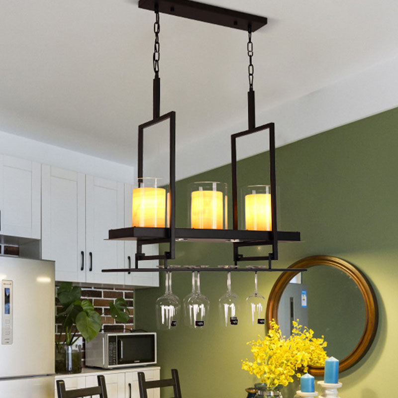 3/5 Heads Cylinder Island Light Traditional Black Marble Pendant Lighting Fixture with Metal Wine Glass Rack Clearhalo 'Ceiling Lights' 'Island Lights' Lighting' 1457181