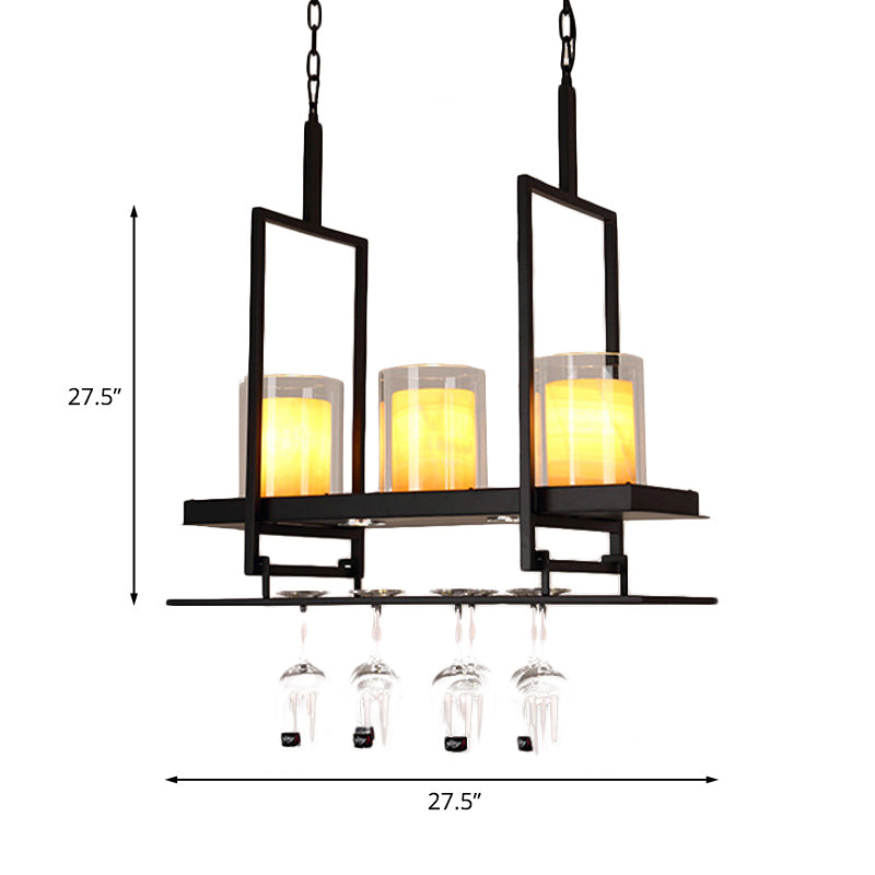3/5 Heads Cylinder Island Light Traditional Black Marble Pendant Lighting Fixture with Metal Wine Glass Rack Clearhalo 'Ceiling Lights' 'Island Lights' Lighting' 1457184