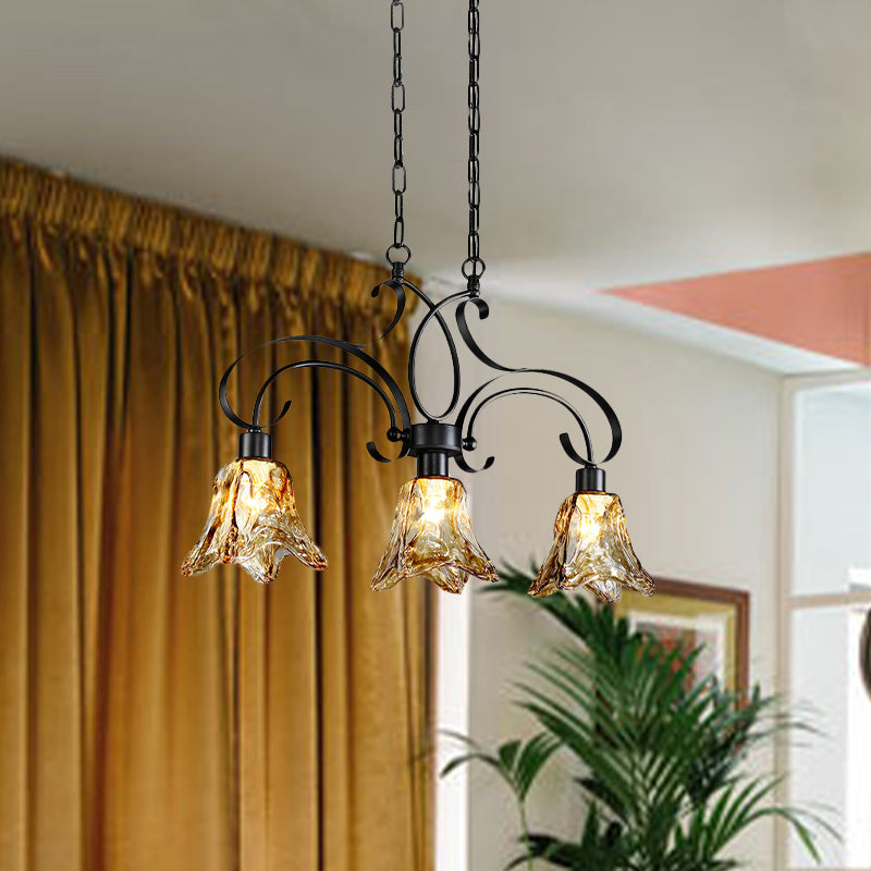 Amber Glass Black Island Lamp Floral 3 Heads Traditionalism Down Lighting Pendant for Dining Room Clearhalo 'Ceiling Lights' 'Close To Ceiling Lights' 'Glass shade' 'Glass' 'Island Lights' Lighting' 1457192