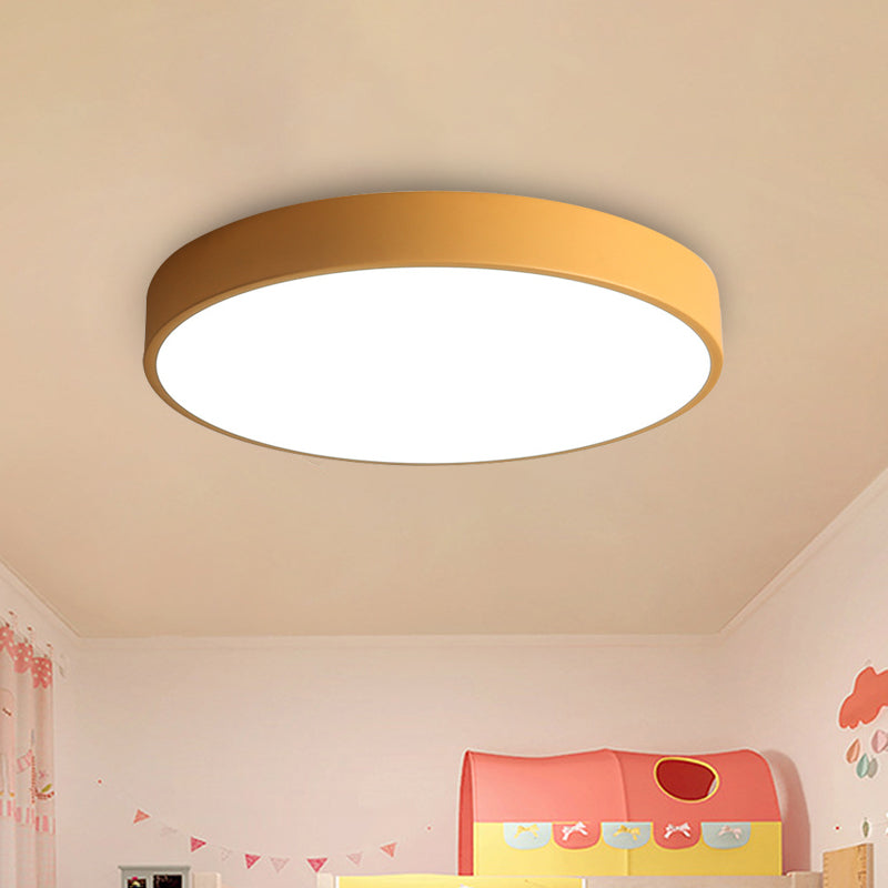 Bedroom LED Flush Mounted Lamp Simple Pink/Black/White Ceiling Light with Round Acrylic Shade, 12"/16" Dia Yellow Clearhalo 'Ceiling Lights' 'Close To Ceiling Lights' 'Close to ceiling' 'Flush mount' Lighting' 1457222