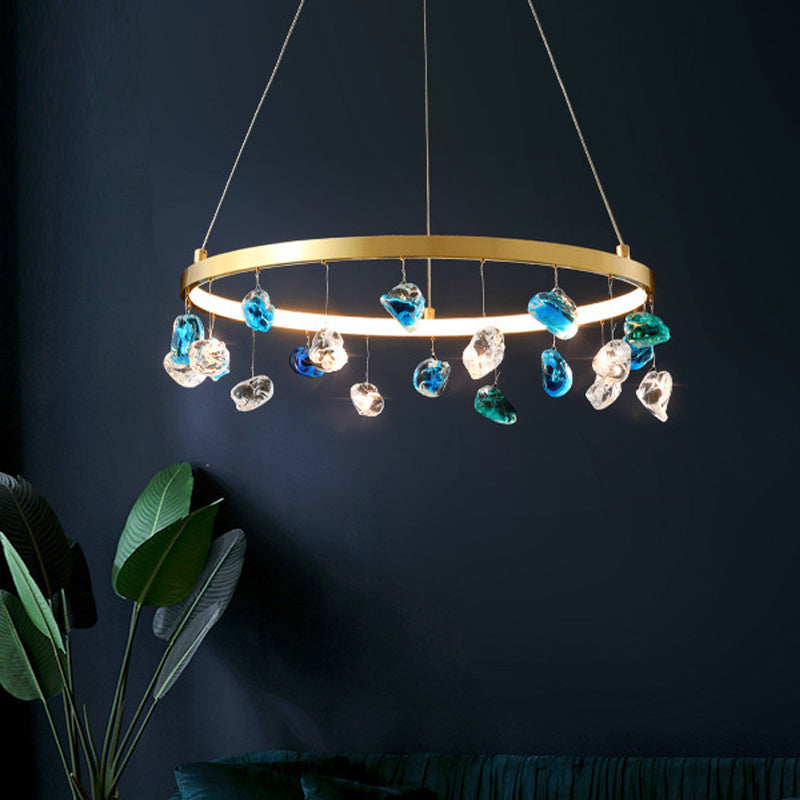 Mid Century Circle LED Chandelier Metal Lounge Pendant Lighting in Gold with Colored Gem Droplet, 16
