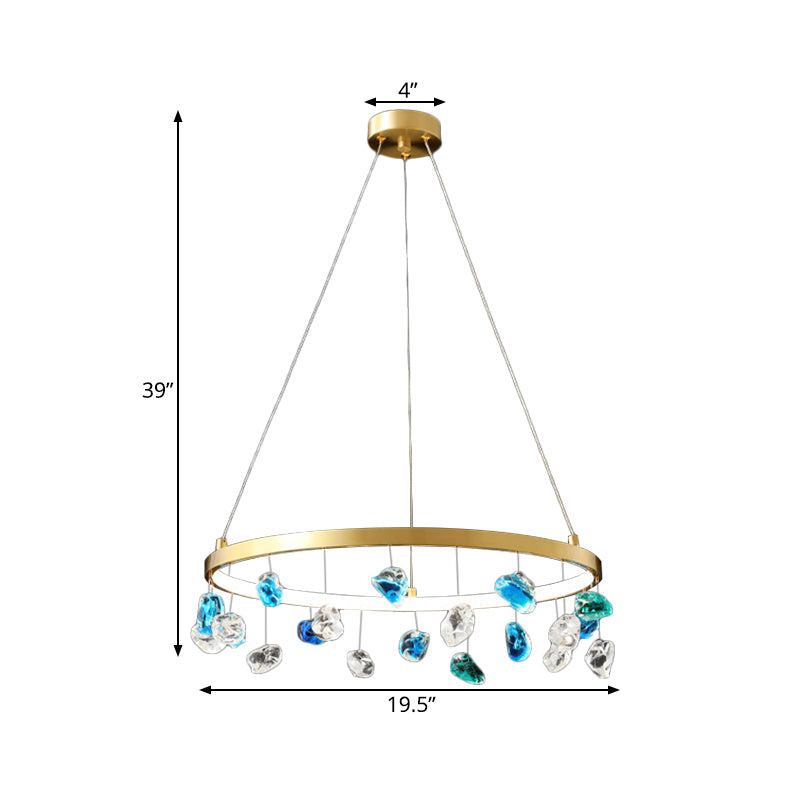Mid Century Circle LED Chandelier Metal Lounge Pendant Lighting in Gold with Colored Gem Droplet, 16