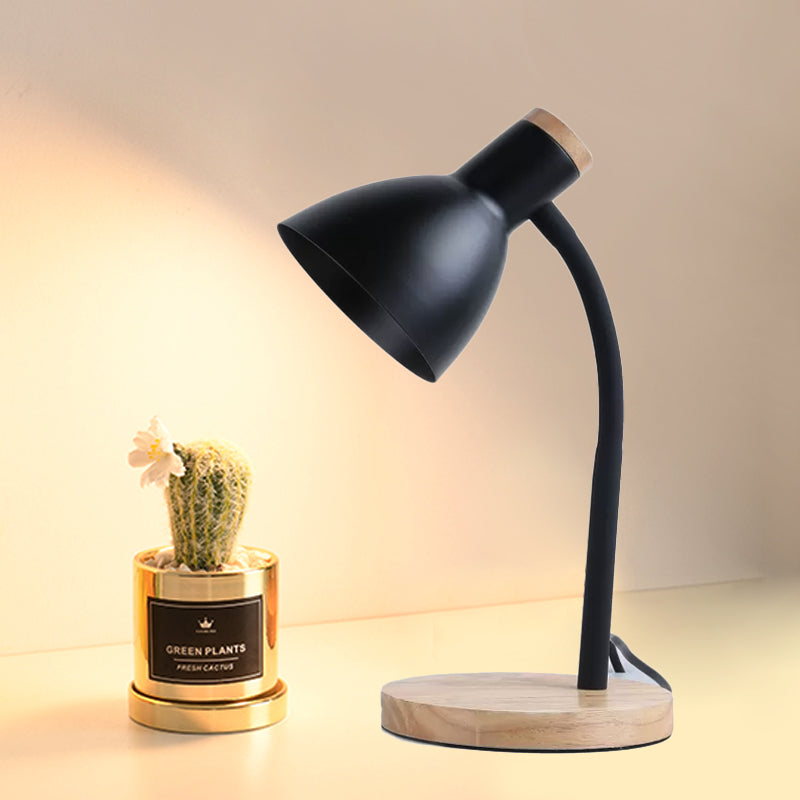 Flexible Gooseneck Night Light Modern Metallic 1 Head Black/White Table Lighting with Bowl Shade and Wood Round Base Black Clearhalo 'Lamps' 'Table Lamps' Lighting' 1457625