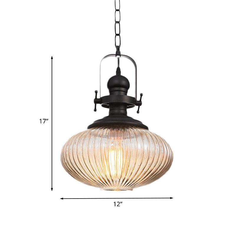 Ovale/Drum Clear Ribbed Glass Pendant Vintage 1 Head Bistro Hanging Ceiling Light in Black Clearhalo 'Ceiling Lights' 'Glass shade' 'Glass' 'Industrial Pendants' 'Industrial' 'Middle Century Pendants' 'Pendant Lights' 'Pendants' 'Tiffany' Lighting' 1457903