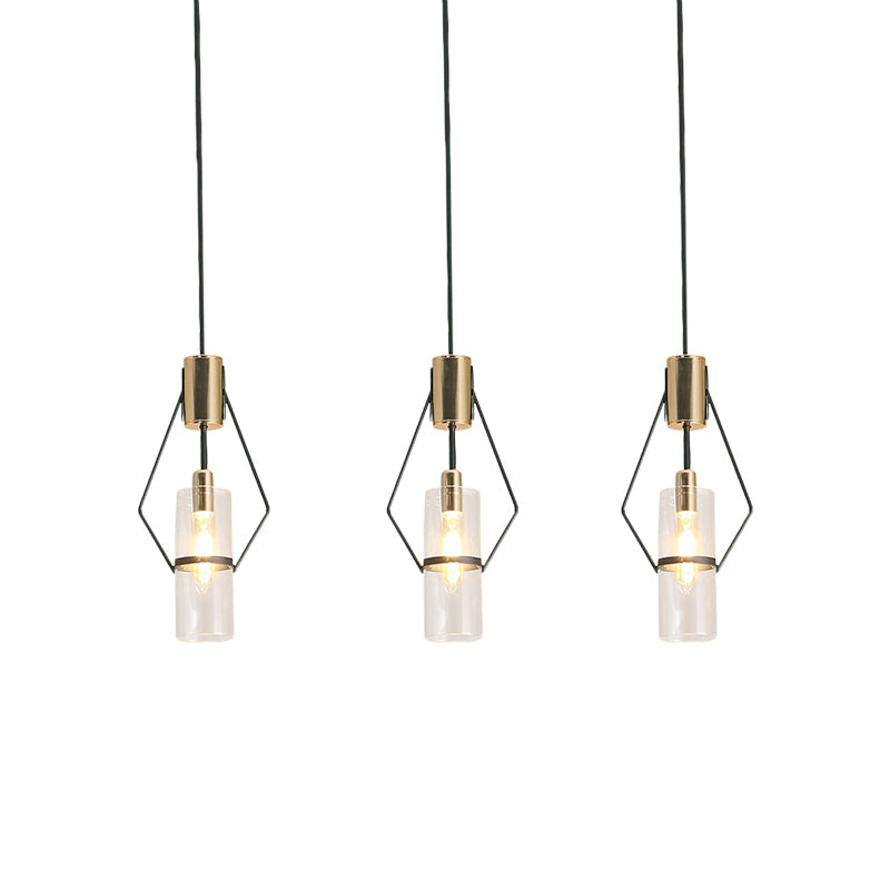 Gold 3-Light Multi Hanging Light Vintage Metal Diamond Frame Pendant Lamp with Tube Glass Shade and Round/Linear Canopy Clearhalo 'Ceiling Lights' 'Chandeliers' 'Glass shade' 'Glass' 'Industrial Pendants' 'Industrial' 'Middle Century Pendants' 'Pendant Lights' 'Pendants' 'Tiffany' Lighting' 1457929