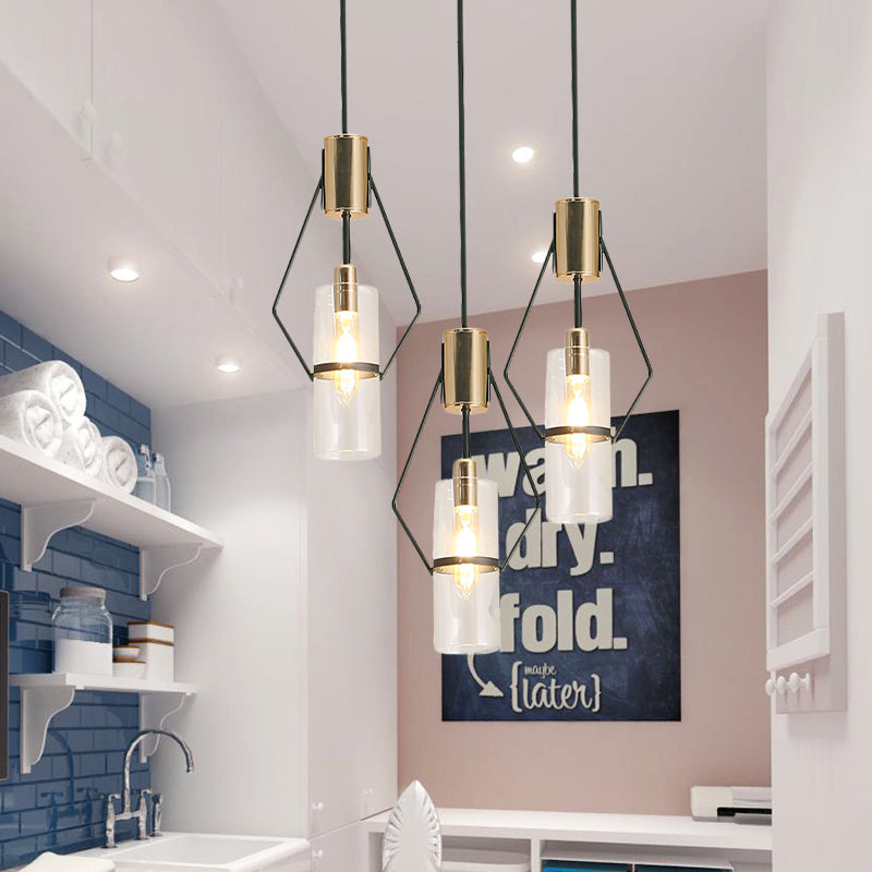 Gold 3-Light Multi Hanging Light Vintage Metal Diamond Frame Pendant Lamp with Tube Glass Shade and Round/Linear Canopy Clearhalo 'Ceiling Lights' 'Chandeliers' 'Glass shade' 'Glass' 'Industrial Pendants' 'Industrial' 'Middle Century Pendants' 'Pendant Lights' 'Pendants' 'Tiffany' Lighting' 1457933