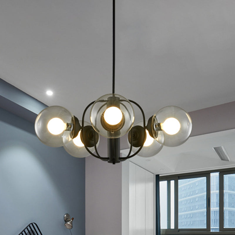 Clear/Light-Tan Glass Sphere Chandelier Retro 5 Heads Living Room Ceiling Pendant Light with Cage Arm Clearhalo 'Ceiling Lights' 'Chandeliers' 'Clear' 'Glass shade' 'Glass' 'Industrial Chandeliers' 'Industrial' 'Middle Century Chandeliers' 'Modern' 'Tiffany' 'Traditional Chandeliers' Lighting' 1457942