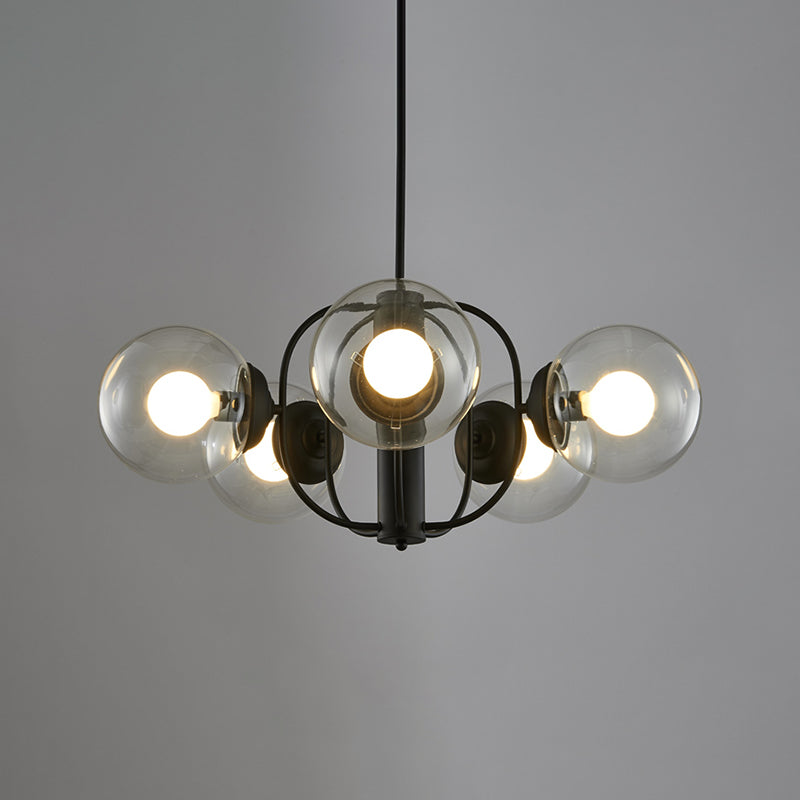 Clear/Light-Tan Glass Sphere Chandelier Retro 5 Heads Living Room Ceiling Pendant Light with Cage Arm Clearhalo 'Ceiling Lights' 'Chandeliers' 'Clear' 'Glass shade' 'Glass' 'Industrial Chandeliers' 'Industrial' 'Middle Century Chandeliers' 'Modern' 'Tiffany' 'Traditional Chandeliers' Lighting' 1457944