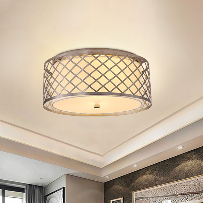 Nickel Crisscrossed Woven Drum Ceiling Flush Rustic Fabric 2 Bulbs Bedroom Flush mount Light Fixture Clearhalo 'Ceiling Lights' 'Close To Ceiling Lights' 'Close to ceiling' 'Flush mount' Lighting' 1458015