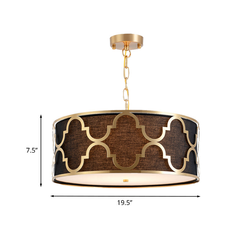 Fabric Brown Chandelier Pendant Drum Shaped 4/5 Bulbs Traditional Hanging Light Kit with Quatrefoil Cage Guard Clearhalo 'Ceiling Lights' 'Chandeliers' Lighting' options 1458037