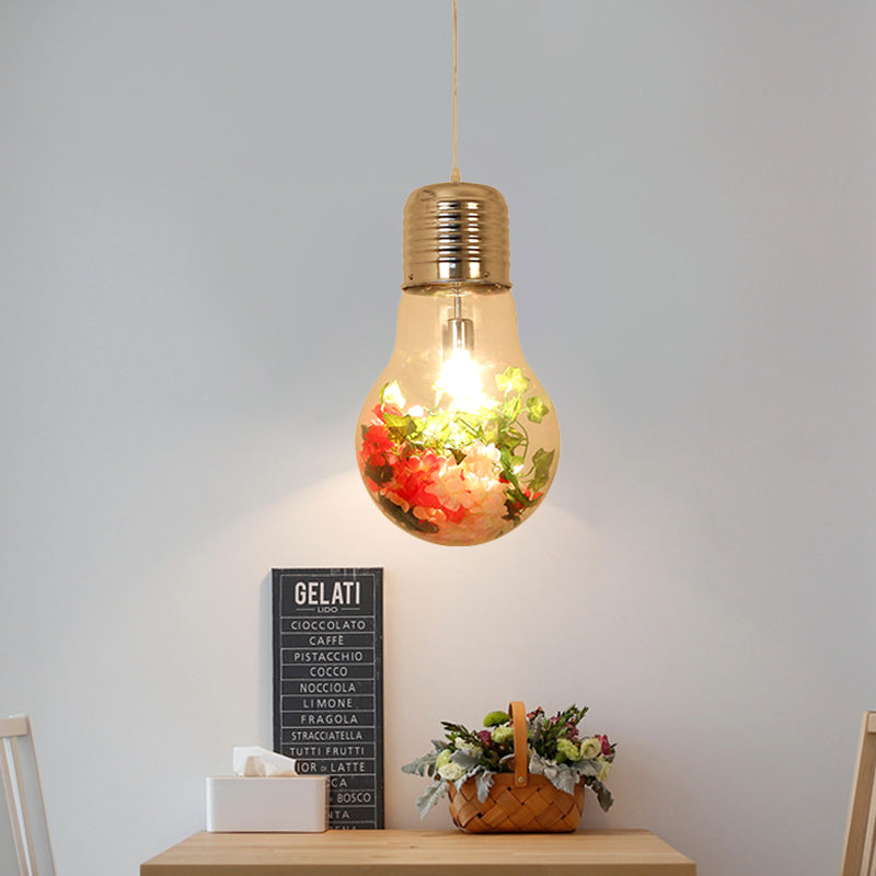 Clear Glass Bulb-Shaped Pendant Farmhouse 1 Light Restaurant Flower Ceiling Suspension Lamp, 6"/8"/11" Wide Clear Clearhalo 'Ceiling Lights' 'Glass shade' 'Glass' 'Pendant Lights' 'Pendants' Lighting' 1458178