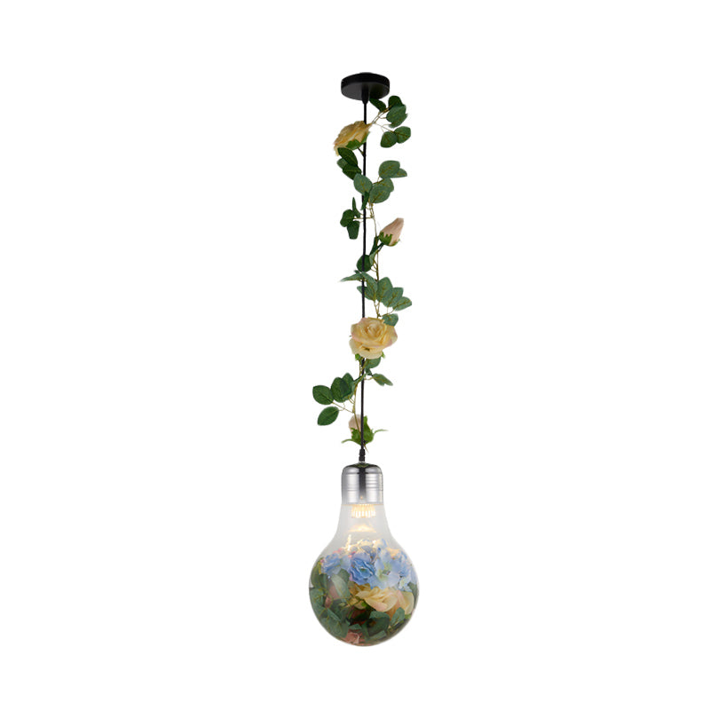 Bulb-Shaped Restaurant Suspension Pendant Antique Clear Glass 8.5"/12" W 1 Head Chrome Flower Drop Lamp Clearhalo 'Ceiling Lights' 'Close To Ceiling Lights' 'Glass shade' 'Glass' 'Pendant Lights' 'Pendants' Lighting' 1458188