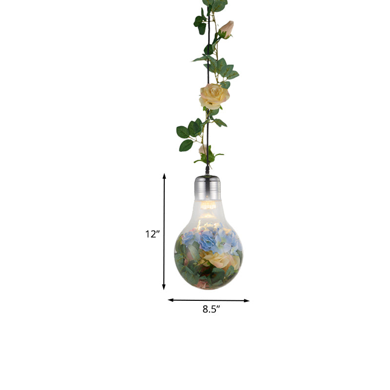 Bulb-Shaped Restaurant Suspension Pendant Antique Clear Glass 8.5"/12" W 1 Head Chrome Flower Drop Lamp Clearhalo 'Ceiling Lights' 'Close To Ceiling Lights' 'Glass shade' 'Glass' 'Pendant Lights' 'Pendants' Lighting' 1458189
