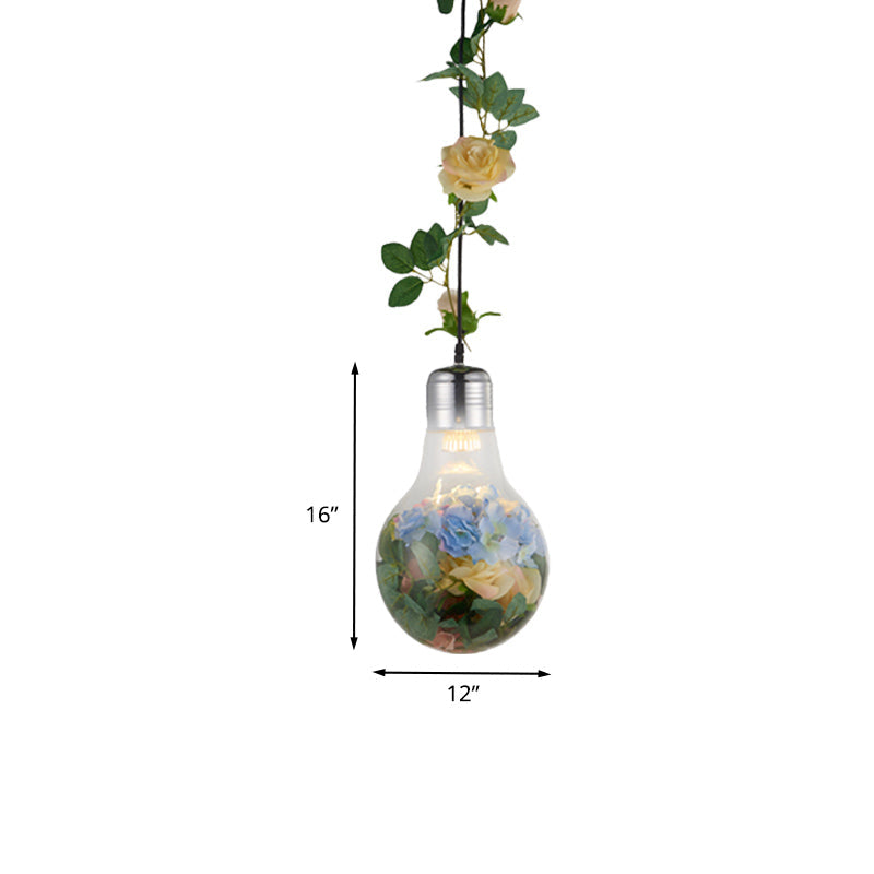 Bulb-Shaped Restaurant Suspension Pendant Antique Clear Glass 8.5"/12" W 1 Head Chrome Flower Drop Lamp Clearhalo 'Ceiling Lights' 'Close To Ceiling Lights' 'Glass shade' 'Glass' 'Pendant Lights' 'Pendants' Lighting' 1458190