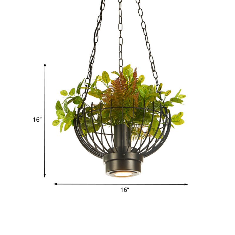 Bowl Cage Iron Pendant Lamp Farmhouse 1 Head Restaurant Hanging Light Fixture in Black with Plant Clearhalo 'Art Deco Pendants' 'Black' 'Cast Iron' 'Ceiling Lights' 'Ceramic' 'Crystal' 'Industrial Pendants' 'Industrial' 'Metal' 'Middle Century Pendants' 'Pendant Lights' 'Pendants' 'Rustic Pendants' 'Tiffany' Lighting' 1458232