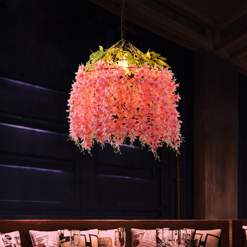 Pink 1 Head Ceiling Lamp Farm Style Iron Bird Cage Pendant Lighting Fixture with Flower for Restaurant Pink Clearhalo 'Art Deco Pendants' 'Cast Iron' 'Ceiling Lights' 'Ceramic' 'Crystal' 'Industrial Pendants' 'Industrial' 'Metal' 'Middle Century Pendants' 'Pendant Lights' 'Pendants' 'Tiffany' Lighting' 1458243