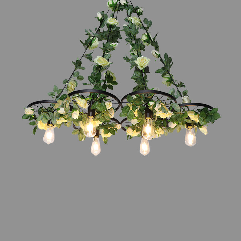 3/6 Heads Chandelier Pendant Light Retro Wheel Iron Suspended Lighting Fixture in Black with Plant Decor Clearhalo 'Cast Iron' 'Ceiling Lights' 'Chandeliers' 'Industrial Chandeliers' 'Industrial' 'Metal' 'Middle Century Chandeliers' 'Rustic Chandeliers' 'Tiffany' Lighting' 1458272
