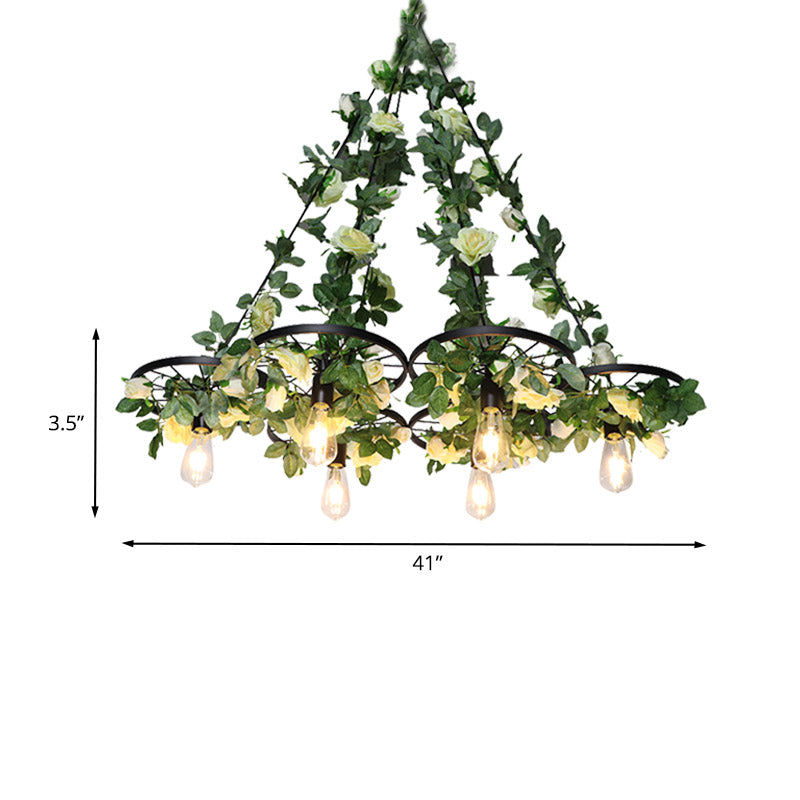3/6 Heads Chandelier Pendant Light Retro Wheel Iron Suspended Lighting Fixture in Black with Plant Decor Clearhalo 'Cast Iron' 'Ceiling Lights' 'Chandeliers' 'Industrial Chandeliers' 'Industrial' 'Metal' 'Middle Century Chandeliers' 'Rustic Chandeliers' 'Tiffany' Lighting' 1458273