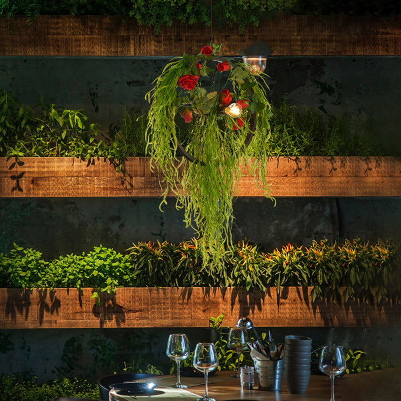 2-Bulb Wheel Ceiling Chandelier Farmhouse Black Iron Hanging Pendant Light with Rose Decor, 15"/18"/23.5" Wide Clearhalo 'Cast Iron' 'Ceiling Lights' 'Chandeliers' 'Industrial Chandeliers' 'Industrial' 'Metal' 'Middle Century Chandeliers' 'Rustic Chandeliers' 'Tiffany' Lighting' 1458280