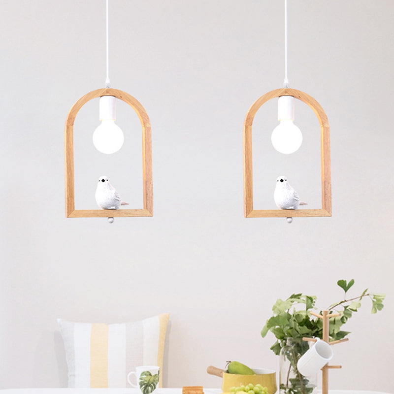 Resin Bird Pendant Ceiling Lamp Nordic 1 Light White Pendulum Light with Wooden Arch Frame Clearhalo 'Ceiling Lights' 'Modern Pendants' 'Modern' 'Pendant Lights' 'Pendants' Lighting' 1458517