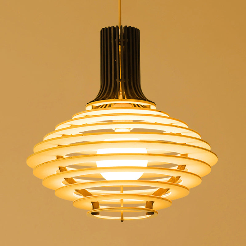 Asia Single Bulb Pendulum Light Black/Beige Wine Jar Shaped Hanging Lamp Kit with Wood Cage Clearhalo 'Ceiling Lights' 'Pendant Lights' 'Pendants' Lighting' 1458580